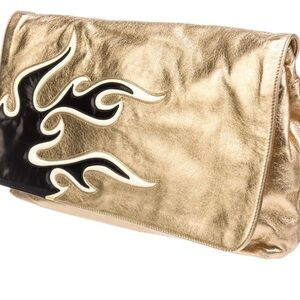 Prada Metallic Gold Clutch with Black Flame Design